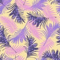 Trend summer seamless pattern with tropical violet pink plants on a yellow background.